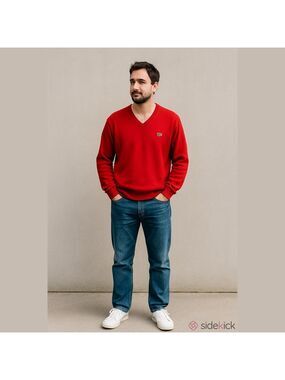 Vintage Lacoste Men's Red V-Neck Wool Blend Sweater